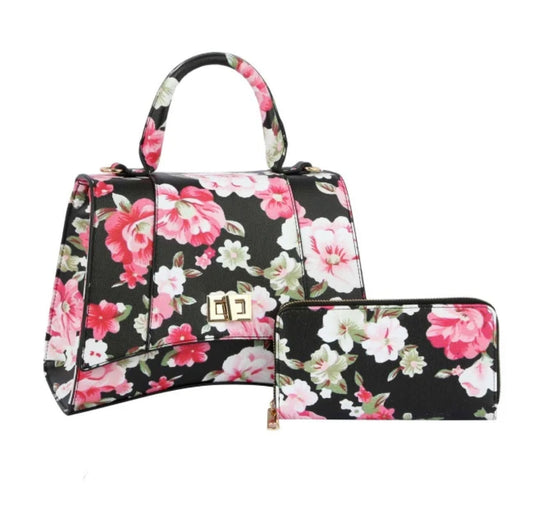 Black Floral Top Handbag Set