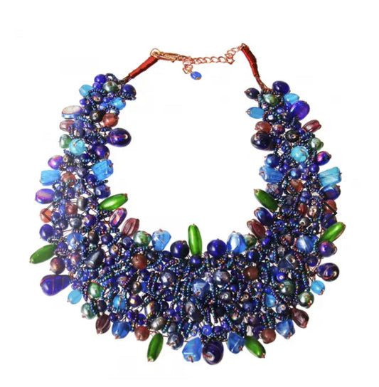 Blue Bead and Copper Bib Necklace